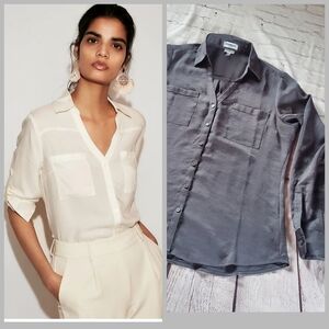 Express Portofino Gray Satin Blouse Roll-up Sleeves Slim Button-up Career Office